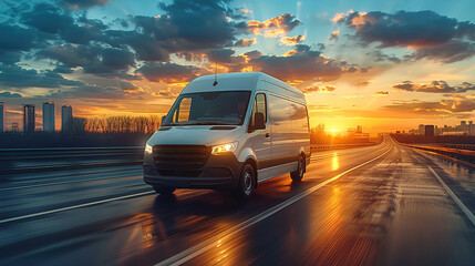 White modern delivery small shipment cargo courier van moving fast on motorway road to city