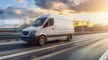 Wall Mural - White modern delivery small shipment cargo courier van moving fast on motorway road to city