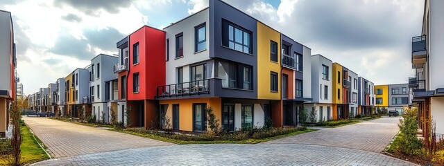 A panoramic view of a modern row of colorful townhouses, suburban residential architecture with a contemporary design, lush green landscaping, cloudy blue sky, red brick facades with large windows, ba