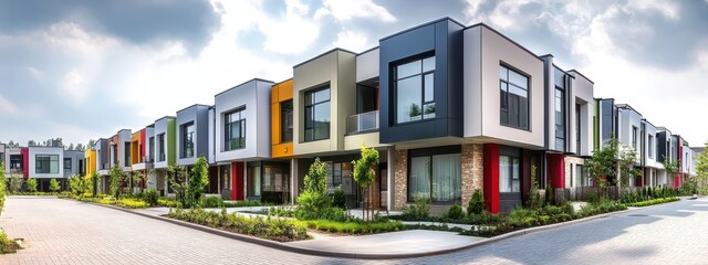 A panoramic view of a modern row of colorful townhouses, suburban residential architecture with a contemporary design, lush green landscaping, cloudy blue sky, red brick facades with large windows, ba