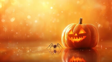 A glowing jack-o'-lantern with a carved scary face sits on a reflective surface with a black spider in the foreground, against a background of blurred orange lights.