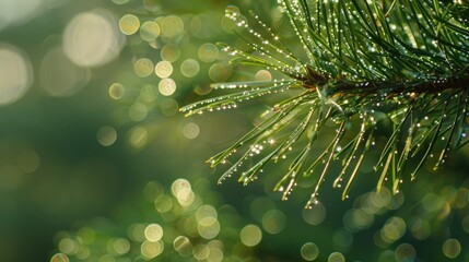 Poster - A close-up shot of a pine tree with water droplets glistening on its needles