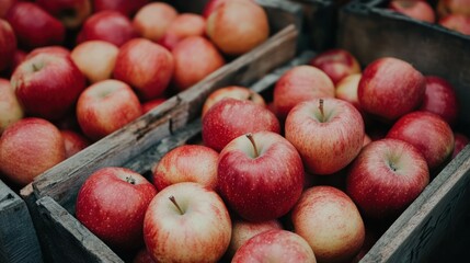 Wall Mural - Close-up of red apples in wooden crates.