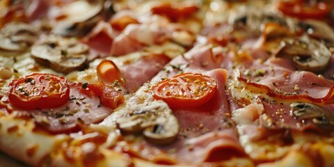 Wall Mural - Close up of pizza with bacon ham mushrooms tomatoes and cheese