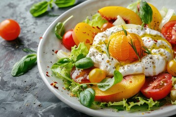 Canvas Print - A simple yet delicious-looking salad on a white plate, topped with melted cheese and fresh tomatoes