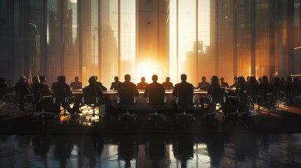 Poster - A group of people sitting around a conference table discussing something