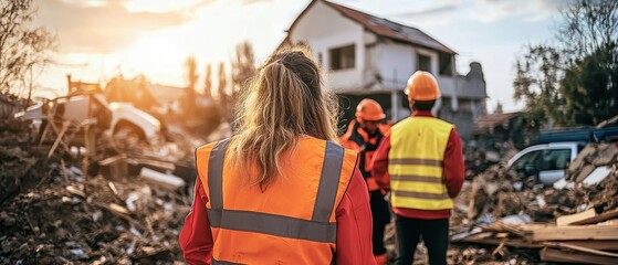 Construction Workers Surveying Demolition Site at Sunset