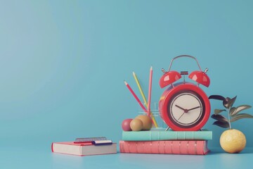Poster - A red alarm clock sits atop a stack of books, ready to sound the alert