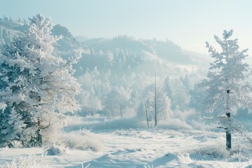 Poster - A serene snowy landscape featuring trees and a majestic mountain in the background, perfect for winter-themed designs