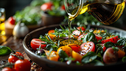 Hand pouring olive oil over a fresh salad, healthy fats for brain health, Mediterranean diet concept