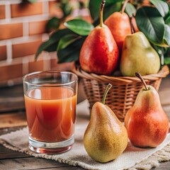 Ripe , juicy pear and beautiful glass of pear juice,