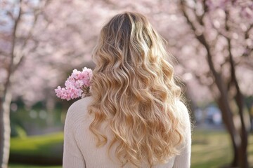 Blonde woman with long curly hair holding pink flowers, wearing a light sweater, standing in front of cherry blossom trees in full bloom, captured from behind.