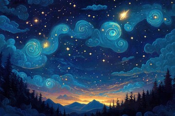 Starry Night Sky Over Mountain Range and Forest