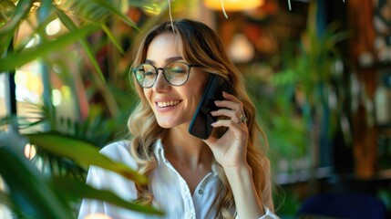 Poster - A woman wearing glasses talks on her cell phone in a modern setting