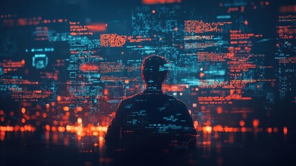 Wall Mural - Hacker in the Cyber City: Exploring the Digital Landscape