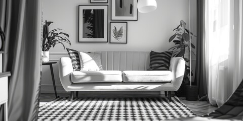 Wall Mural - Monochrome living room featuring a sofa and patterned carpet