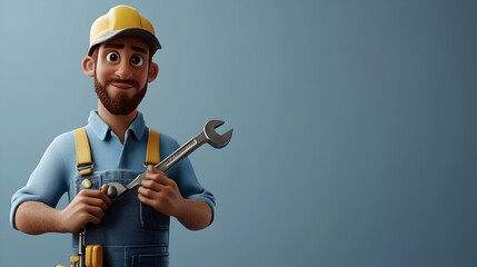 Wall Mural - Smiling Construction Worker Holding Wrench at Workplace