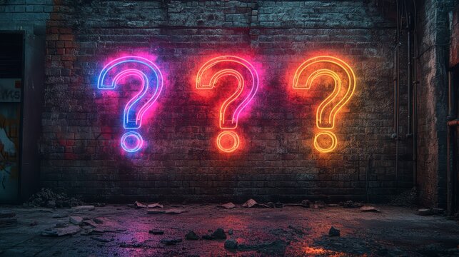 A dark brick wall with neon question marks symbolizes an evening of games and reflection