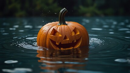 Halloween pumpkin isolated on water surface