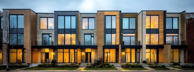 modern townhouses, brick and glass facade, geometric architectural design, urban residential buildings, illuminated windows at night, contemporary minimalist style, clean lines and shapes