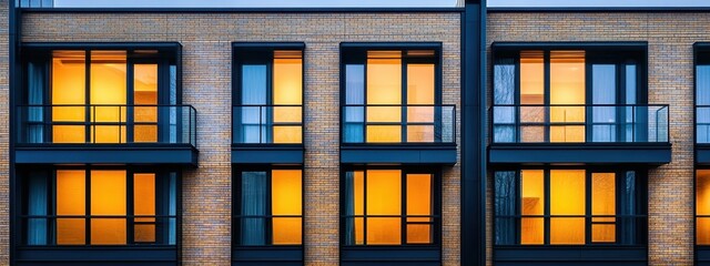 modern townhouses, brick and glass facade, geometric architectural design, urban residential buildings, illuminated windows at night, contemporary minimalist style, clean lines and shapes