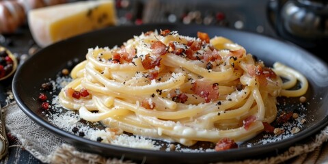 Poster - Tasty mezze maniche alla gricia Traditional Roman pasta recipe with pecorino guanciale and black pepper