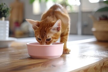 Poster - A ginger Abyssinian cat eating from a pink food bowl on a wooden table Promoting purebred kitten food for breakfast