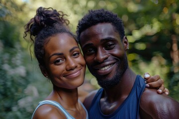 Poster - A man and a woman standing together, smiling, with arms around each other