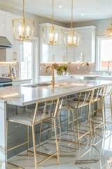 Poster - Kitchen interior with a marble countertop, bar stools, and modern appliances