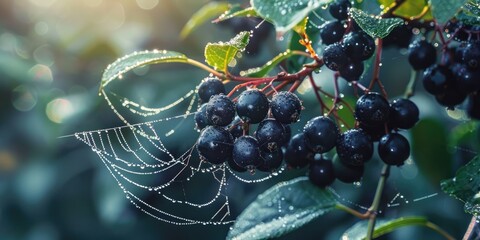 Poster - Aronia berries with spider web on a tree