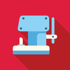 Poster - Illustration of a metalworking machine pressing metal sheet with lever on right side and long shadow on red background