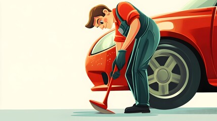 Wall Mural - Mechanic Inspecting Car Tire and Engine While Servicing Vehicle in Garage