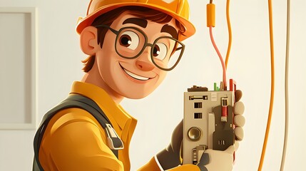 Wall Mural - Smiling Cartoon Engineer in Hard Hat Holding Electrical Equipment