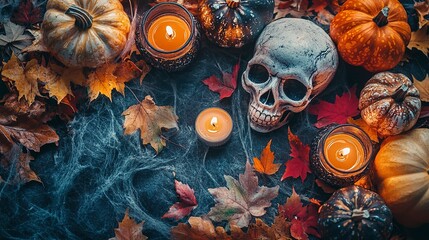 Canvas Print - A Halloween flatlay featuring pumpkins, skulls, candles, and fall leaves halloween