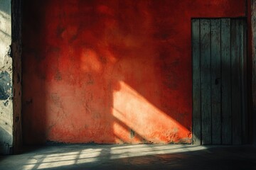 Sticker - Sunlit Corner with Red Wall and Wooden Door