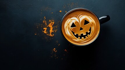 Canvas Print - Coffee cup seen from above with halloween design, pumpking in the foam, coffee art concept, banner with copy space, black background