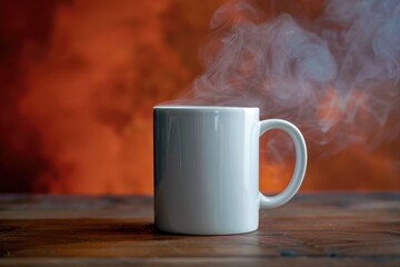Poster - A white coffee mug sits on top of a wooden table, perfect for morning routine or office use
