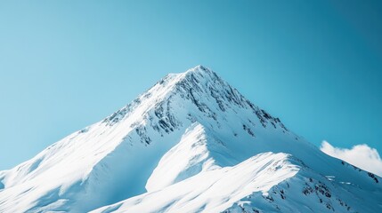 A high-resolution shot of a snowy mountain peak against a bright blue sky, with crisp, clear air