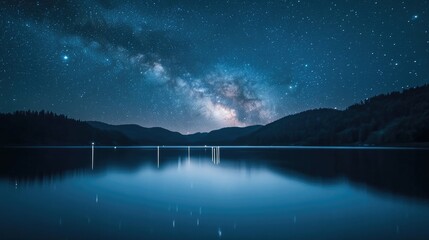Wall Mural - a high-resolution shot of a starry night sky over a calm lake, with the milky way visible and reflec