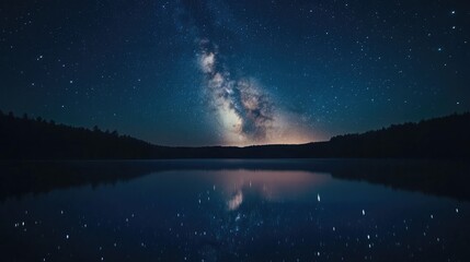 Wall Mural - a high-resolution shot of a starry night sky over a calm lake, with the milky way visible and reflec
