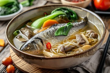 Poster - Asian fish soup with mushrooms pak choi and noodles on table