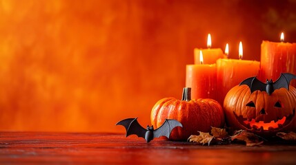 Sticker - pumpkin, candles and bats on bright orange background, halloween autumn concept, card with copy space 