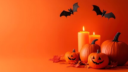 Sticker - pumpkin, candles and bats on bright orange background, halloween autumn concept, card with copy space 