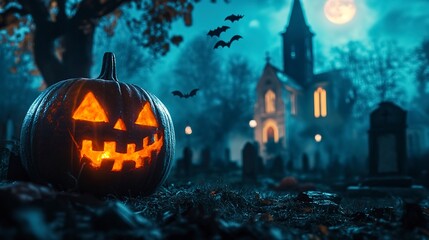 Poster - Pumpkin zombie Rising Out Of A Graveyard cemetery and church In Spooky scary dark Night full moon bats on tree. Holiday event halloween banner background concept. 