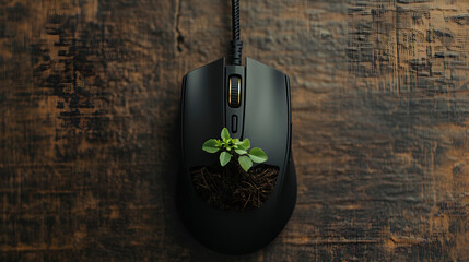 Wall Mural - A black computer mouse with a tiny plant growing out of it on a wooden background