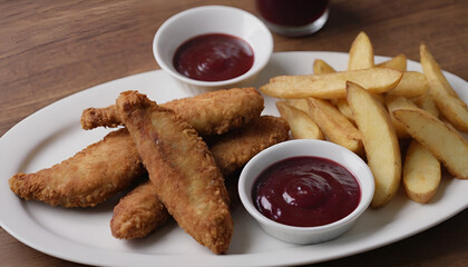 Sticker - chicken tenders with potato wedges and plum sauce