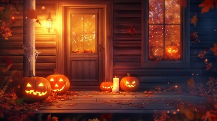 Sticker - Background with halloween pumpkins, candles and autumn leaves on the wooden house porch 