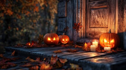 Sticker - Background with halloween pumpkins, candles and autumn leaves on the wooden house porch