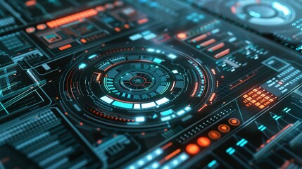 Futuristic Interface with a Circular Display and Glowing Lines