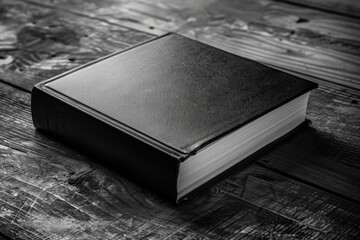 Aufkleber - A black and white photograph of a book sitting on a wooden table